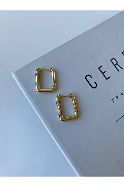 stainless steell Gold Renkli Kare Kesim Zirkon Taşlı Küpe