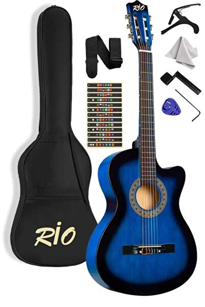 Rio Kesik Kasa Mavi Klasik Gitar 4/4 Tam Boy Kılıf Pena Sticker