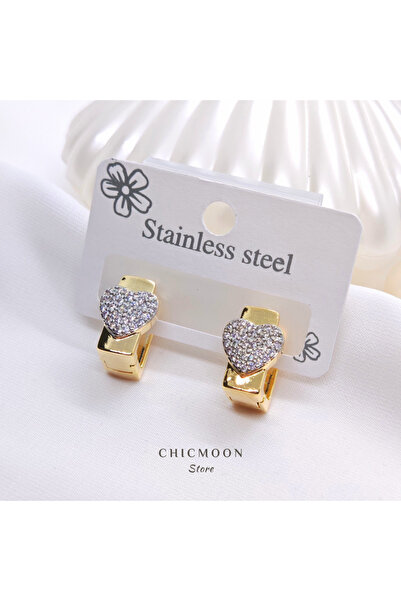 CHICMOON STORE Çelik Altın Rengi Gümüş Zirkon Taşlı Kalp Küpe