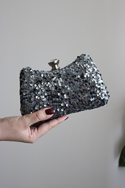 mossi Platinum Sequined Clutch Evening Dress Bag with Armrest Strap and Chain Strap