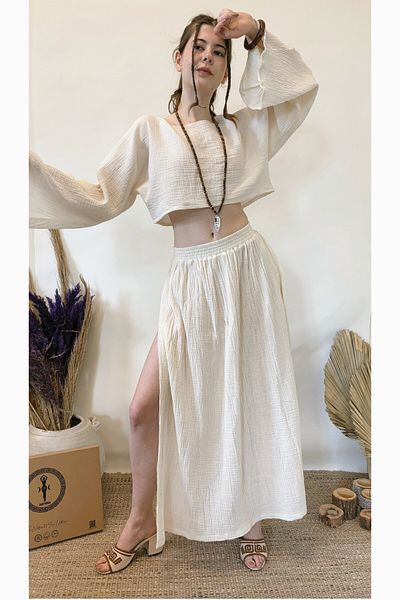 ARİNNASİDE Muslin Boat Neck Bat Sleeve Blouse and Slit Skirt Set
