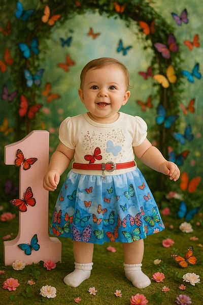 GAMZEAKKUŞ Butterfly Patterned, Belted Children's Dress