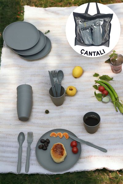 İronika Grey Picnic Set for 6 People - 31 Pieces Dinner Breakfast Set with Bag, Plastic Cup and Spoon Knife