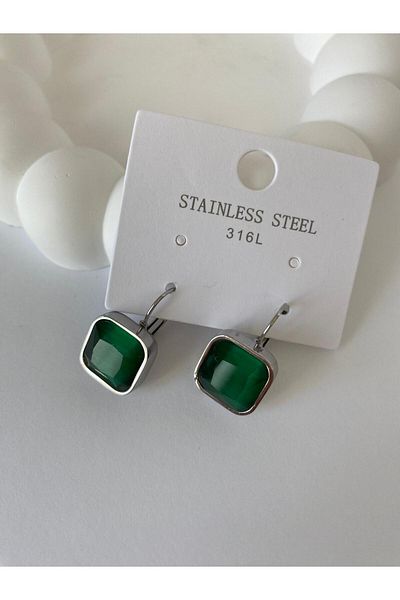 marsel aksesuar Steel Square Green Stone Silver Earrings