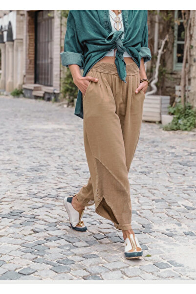 pier moda Kadın Şalvar Pantolon %100 Pamuk Fileli Keten Dokuma Bohem Style -O...