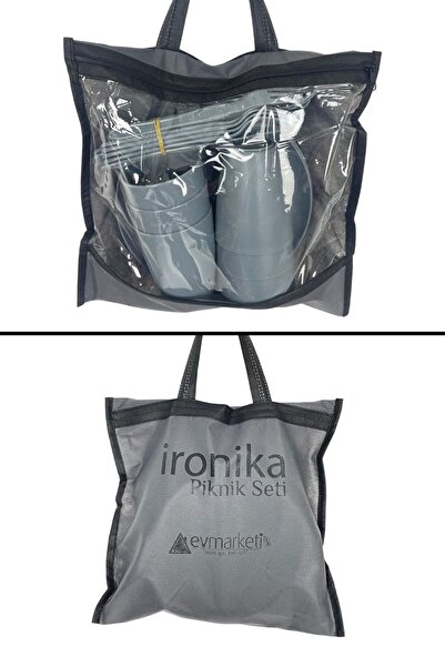 İronika 6 Kişilik 31 Parça Çantalı Piknik Seti Plastik Bardak Çatal Kaşık Bıçak Yemek Kahvaltı Takımı-Gri