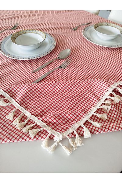 denizli hatırası Organic Raw Linen Red Poti Checkered Fringed Tablecloth