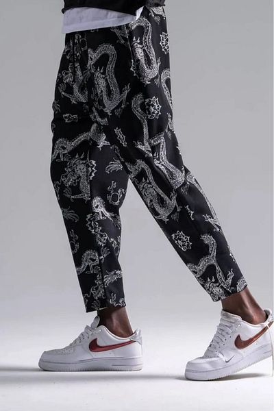 Superbluemexico Men's Patterned Elastic Smoked Baguette Trousers