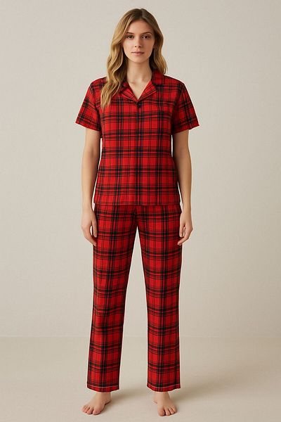 vizora moda Red Plaid Cotton Front Button Short Sleeve Pajama Set
