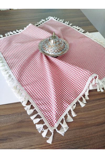 denizli hatırası Organic Raw Linen Red Poti Checkered Fringed Tablecloth