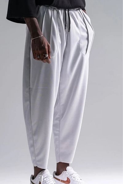Superbluemexico Men's Elastic White Baggy Trousers with Pockets