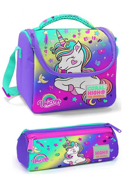 Coral High Set de cutie de prânz pentru fete unicorn violet verde