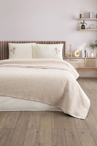 Sevim Tivoli Double Embroidered, Jacquard Woven Pique Set-220X240 Cm-Beige