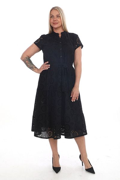 etselements Rochie cu dantelă din voile, căptușită cu curea, cu nasturi 7175 Negru