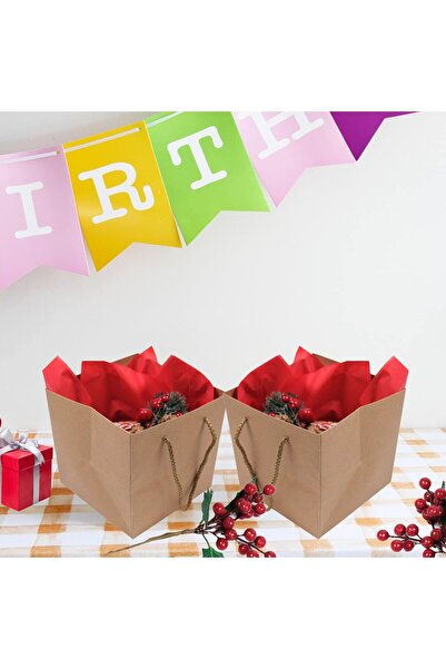 roco paper Kraft Karton Pasta Çanta, 6'lı - Kare Taban, Körüklü, İpli Hediye Taşıma Çantası, 24x24x24 cm