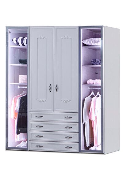 benim odam Helen 4 Kapılı Geniş Çekmeceli Cam Kapaklı Dolap Genç / Çocuk Odas...