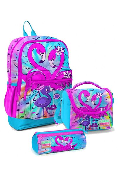 Coral High Primary School Bag Set Blue Pink Flamingo - Girl