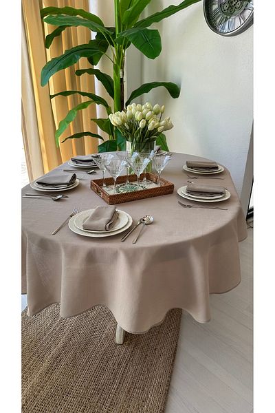 Decamor home Beige Oval Tablecloth with Linen Texture