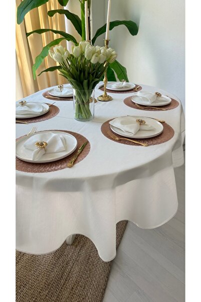Decamor home Linen Textured Pearlescent Glitter White Oval Tablecloth (Napkin Not Included)