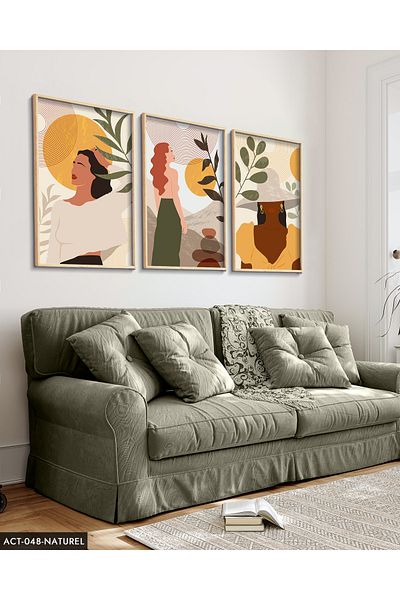 Evinemoda Boho Style Artistic Woman Portrait 3 Piece Painting with Wooden Frame Act
