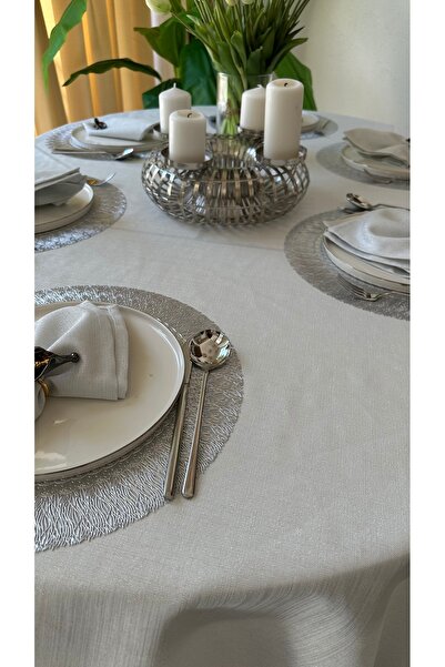 Decamor home Linen Textured Silver Glitter Oval Tablecloth (Napkin Not Included)