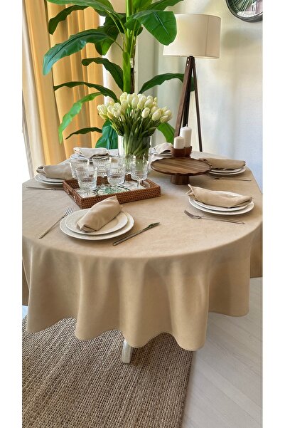 Decamor home Velvet Textured Carefree Beige Oval Tablecloth (Napkin Not Included)
