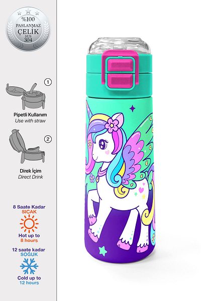Coral High Kids Purple Water Green Unicorn Patterned Straw and Direct Drinking Steel Thermos 500 ml 31805