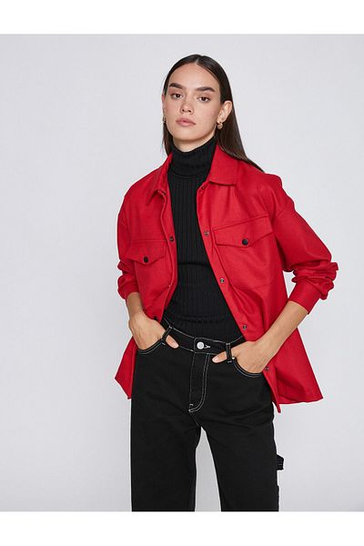Koton Women's Red Snap Pocket Shirt Jacket 3wak60007pw