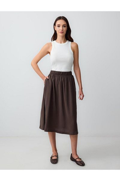 Jimmy Key Bitter Brown Relaxed Cut High Waist Woven Midi Skirt