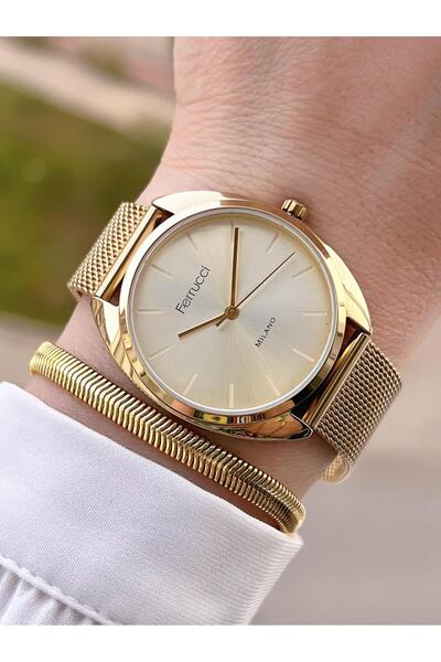 Ferrucci سوار ساعة يد نسائي ذهبي اللون، سلسلة خاصة، حبل فولاذي، لون أسود، لا ...