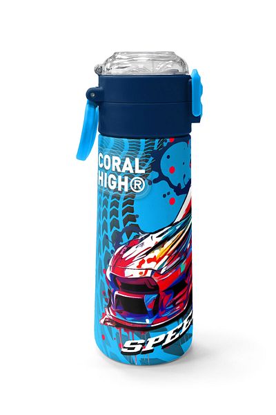 Coral High Kids Gray Blue Race Car Patterned Steel Thermos with Straw and Direct Drinking 500 ml 31815
