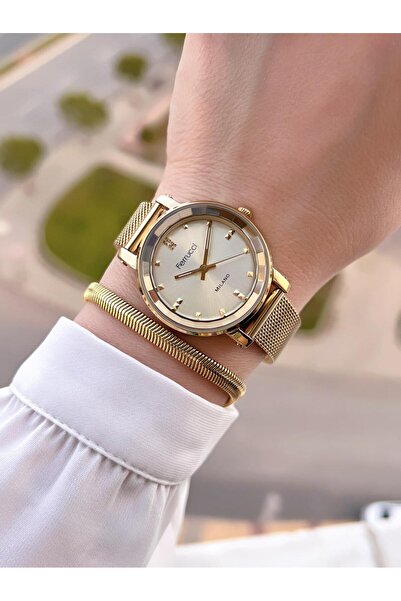 Ferrucci Gold Hasır Çelik Kordonlu Yeni Trend Renk Atmaz 30 Mt Su Geçirmez Bileklik Hediyeli