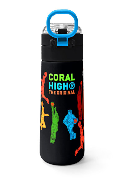 Coral High Kids Black Basketball Patterned Steel Thermos with Straw and Direct Drinking 500 ml 31795