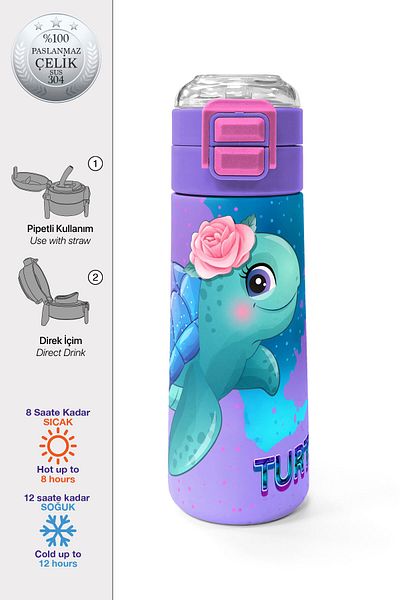 Coral High Kids Light Pink Blue Turtle Patterned Steel Thermos with Straw and Direct Drinking 500 ml 31808