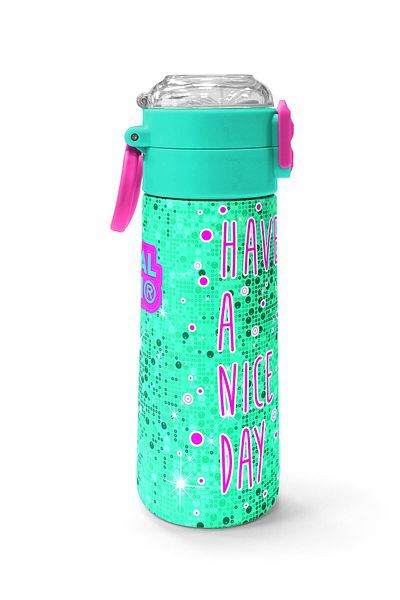 Coral High Kids Pink Water Green Cat Patterned Steel Thermos with Straw and Direct Drinking 500 ml 31806