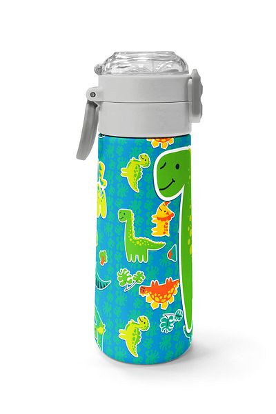 Coral High Kids Blue Green Dinosaur Patterned Straw and Direct Drinking Steel Thermos 500 ml 31798