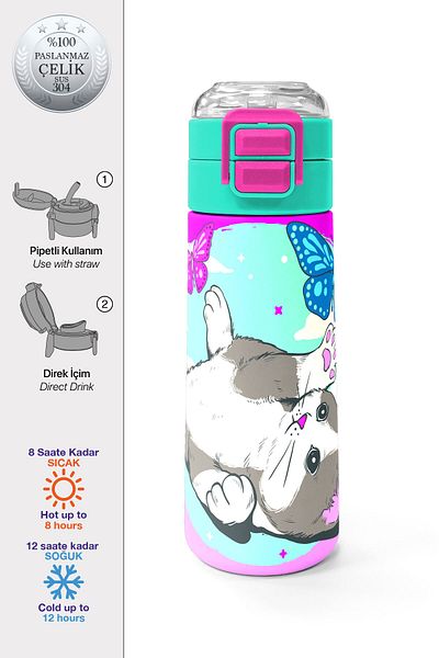 Coral High Kids Water Green Pink Cat Patterned Steel Thermos with Straw and Direct Drinking 500 ml 31796