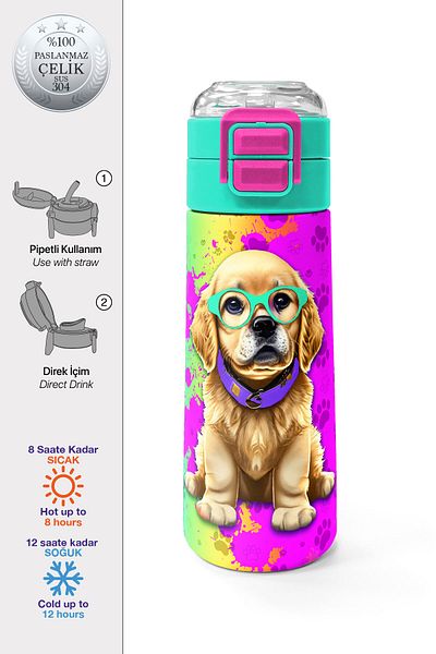 Coral High Kids Purple Pink Dog Patterned Steel Thermos with Straw and Direct Drinking 500 ml 31813