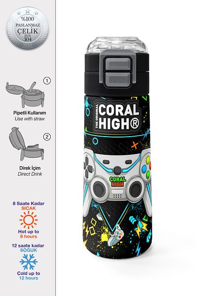 Coral High Kids Black Highlighter Green Gamer Patterned Steel Thermos with Straw and Direct Drinking 500 ml 31817