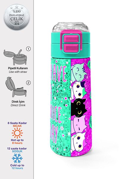 Coral High Kids Pink Water Green Cat Patterned Steel Thermos with Straw and Direct Drinking 500 ml 31806