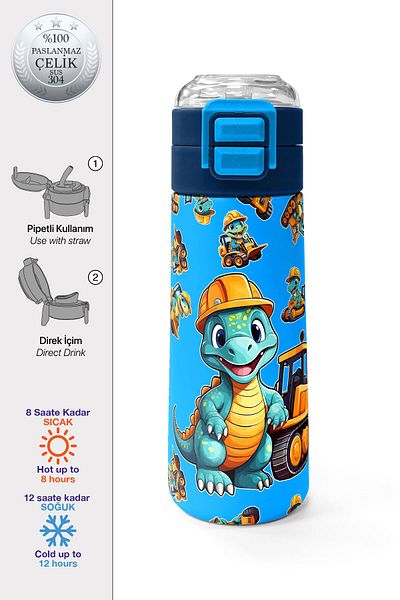 Coral High Kids Blue Dinosaur Patterned Steel Thermos with Straw and Direct Drinking 500 ml 31799