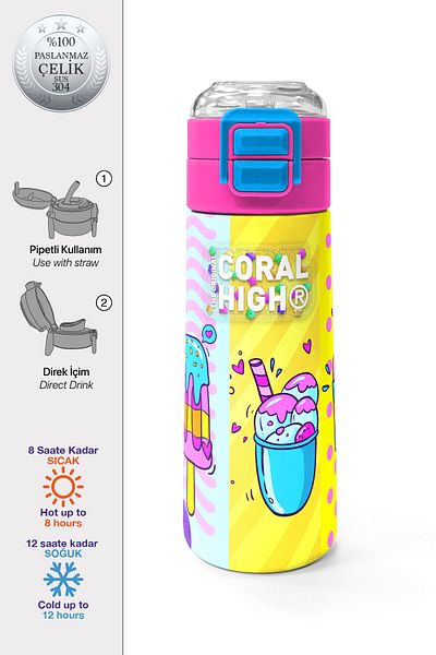 Coral High Kids Mixed Ice Cream Patterned Straw and Direct Drinking Steel Thermos 500 ml 31809