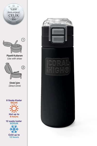Coral High Kids Black Straw and Direct Drinking Steel Thermos 500 ml 31827