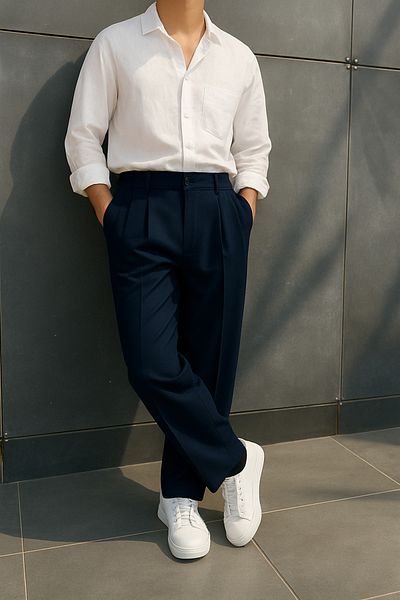 Tutals Men's Navy Blue Color Pleated Lycra Comfortable Fit Baggy Fabric Trousers