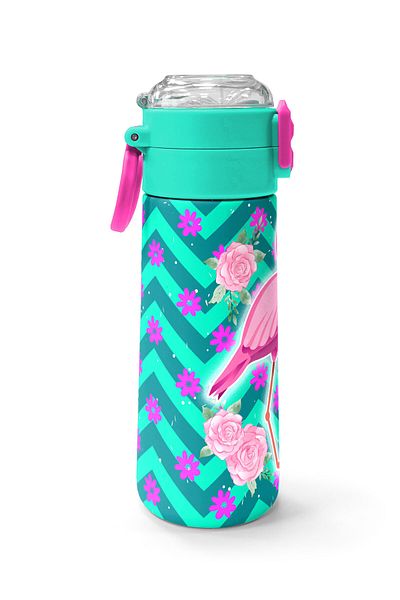 Coral High Kids Water Green Pink Flamingo Patterned Steel Thermos with Straw and Direct Drinking 500 ml 31820