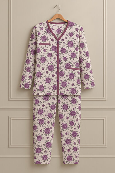nacar çarşı Kadın Anne Mor Çiçek Desenli V Yaka Düğmeli Penye Pijama Takımı
