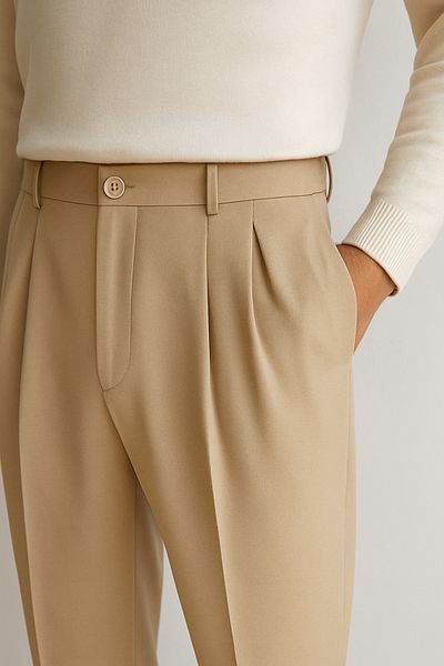 Tutals Men's Beige Color Pleated Lycra Comfortable Fit Baggy Fabric Trousers