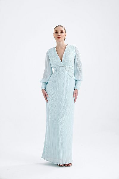 Atelier Pret V-neck Jewelled Embroidered Pleated Chiffon Evening Dress
