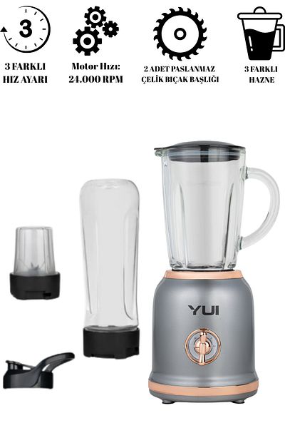 Yui Personal Blender Set - M18 (450 ml Glass Jar with Handle, 600 ml Smoothie Cup, 180 ml Coffee Grinder)