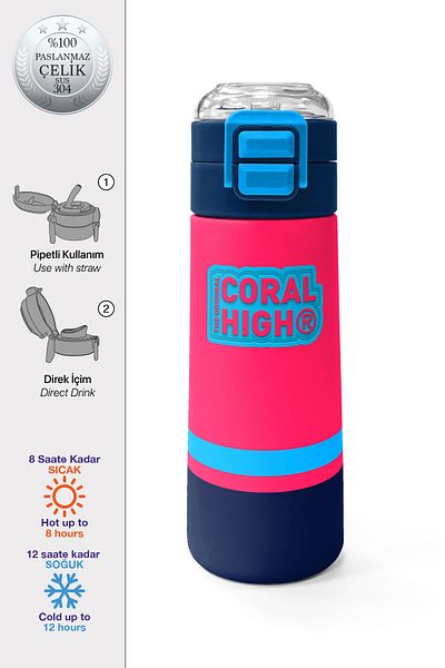 Coral High Kids Neon Coral Navy Blue Straw and Direct Drinking Steel Thermos 500 ml 31823